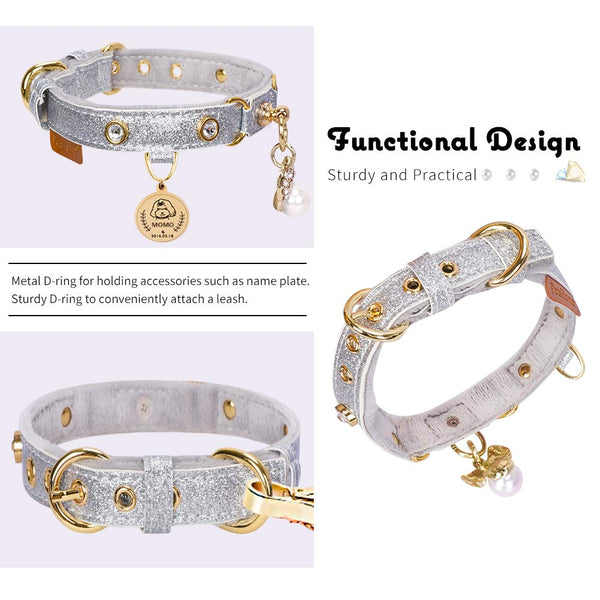 Collar PetsHome con doble anillo dorado para correa y accesorios.