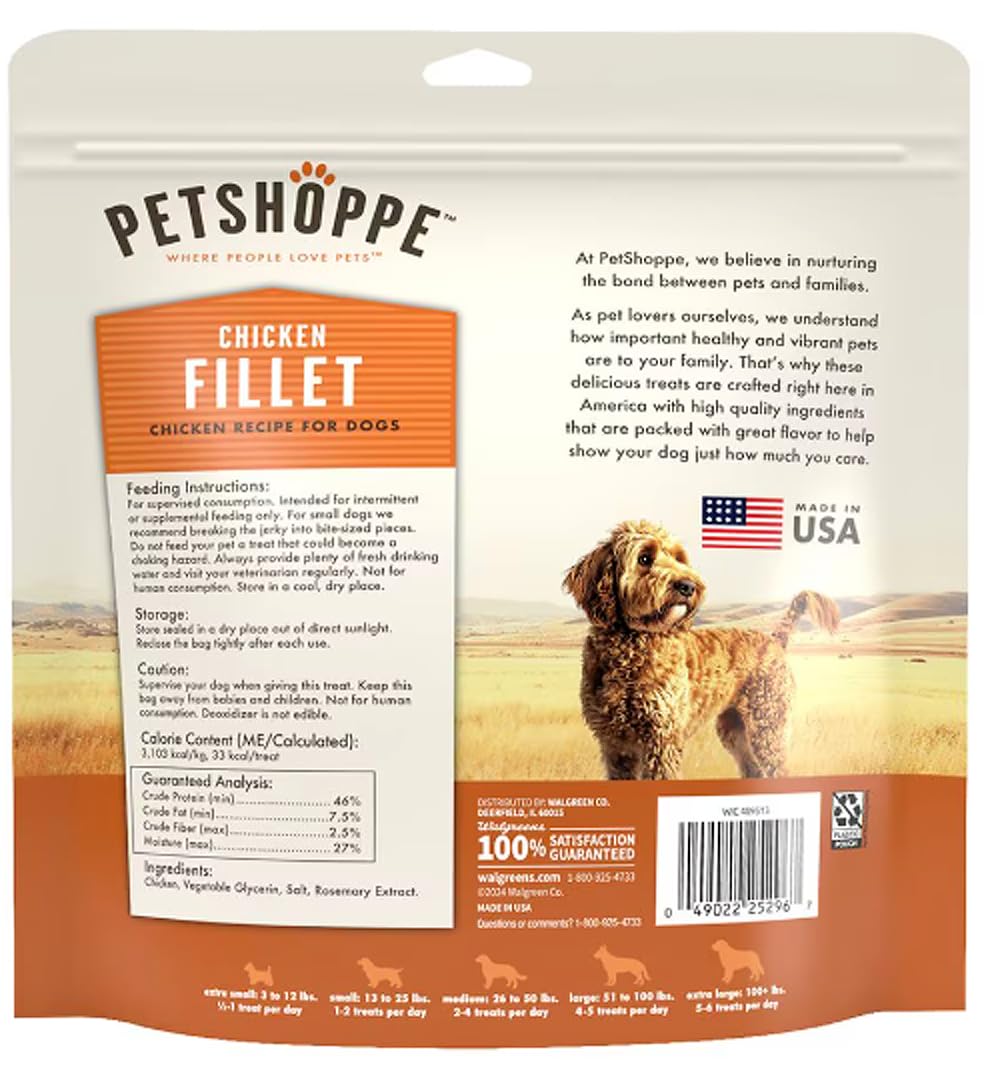 PetShoppe, ingrediente 100% pollo de EE.UU., sin rellenos ni aditivos.