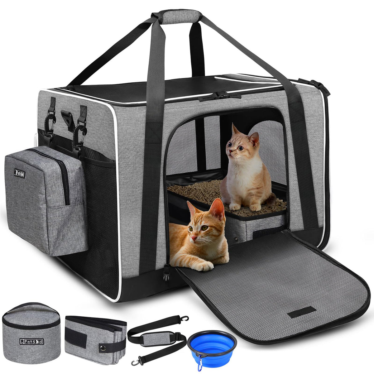Transportín Petskd extragrande para gatos con cierre seguro, ideal para viajes.