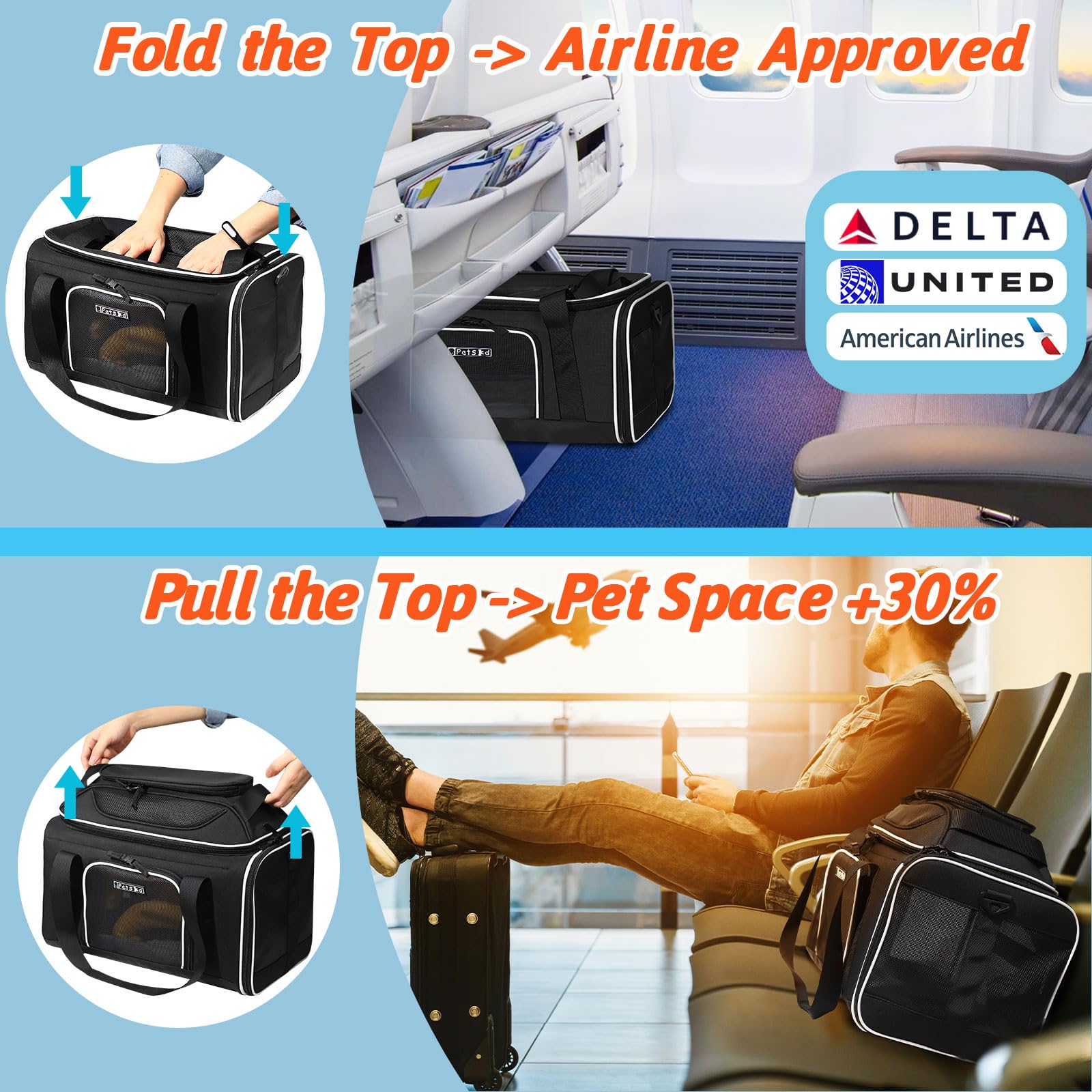 Portador Petskd compacto apto para cabina de avión bajo el asiento.