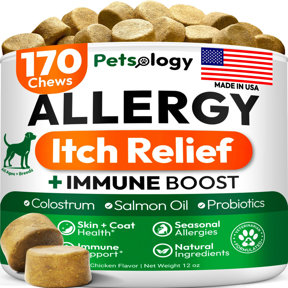 Petsology Alivio de alergias para perros, masticables en empaque práctico.