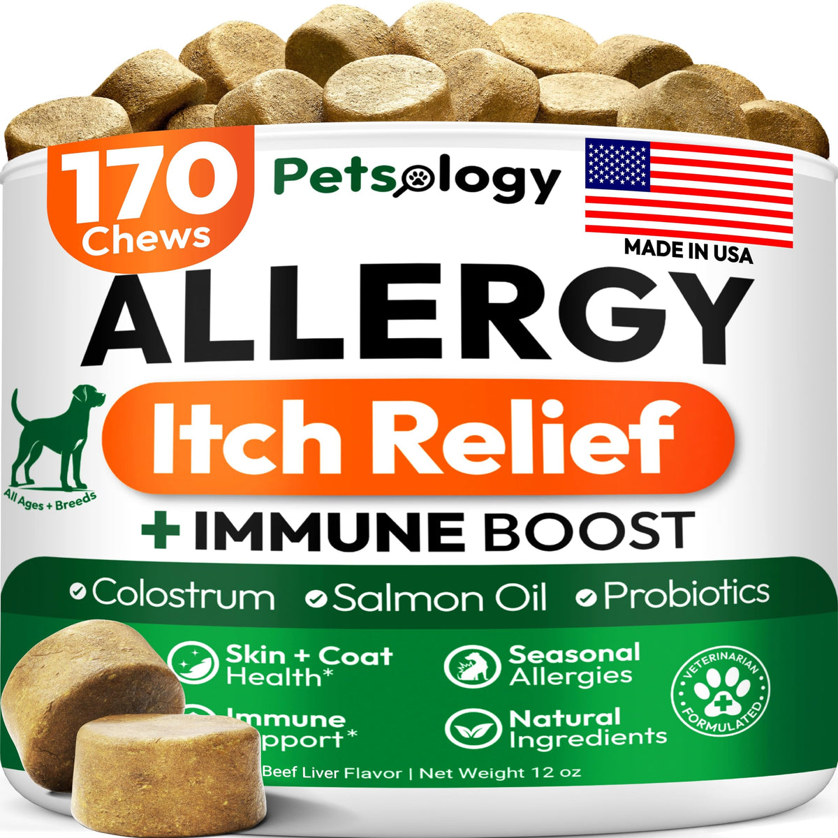 Golosinas de alergia para perros Petsology en empaque práctico para dosis diarias.