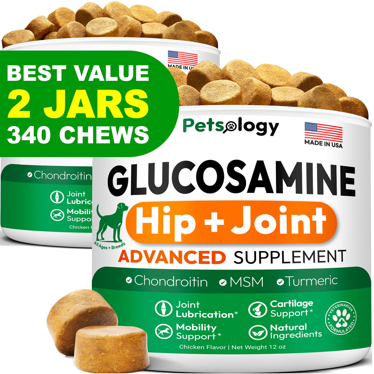 Petsology glucosamina para perros 340: bocado para movilidad diaria.