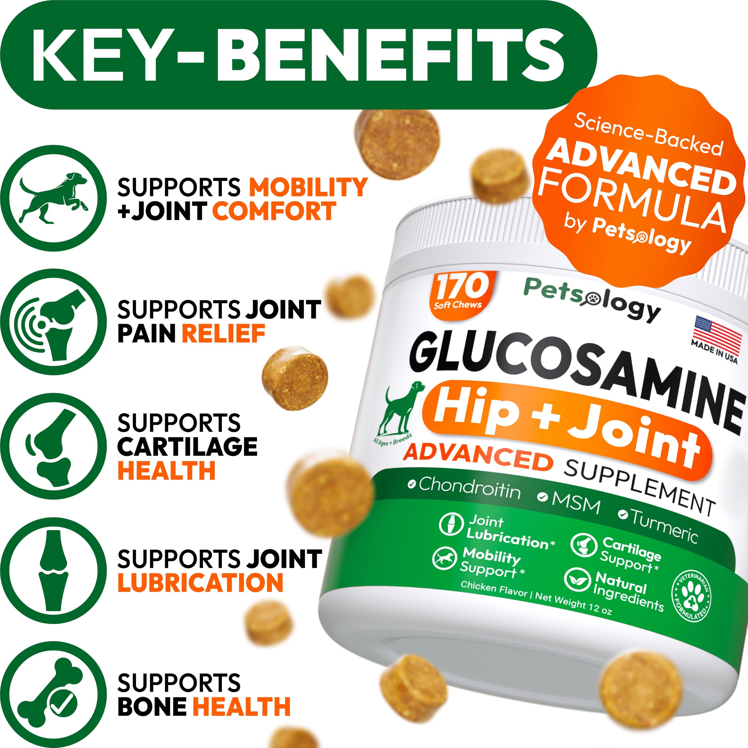 Petsology glucosamina para perros: articulaciones mejoradas para caminar sin molestias.