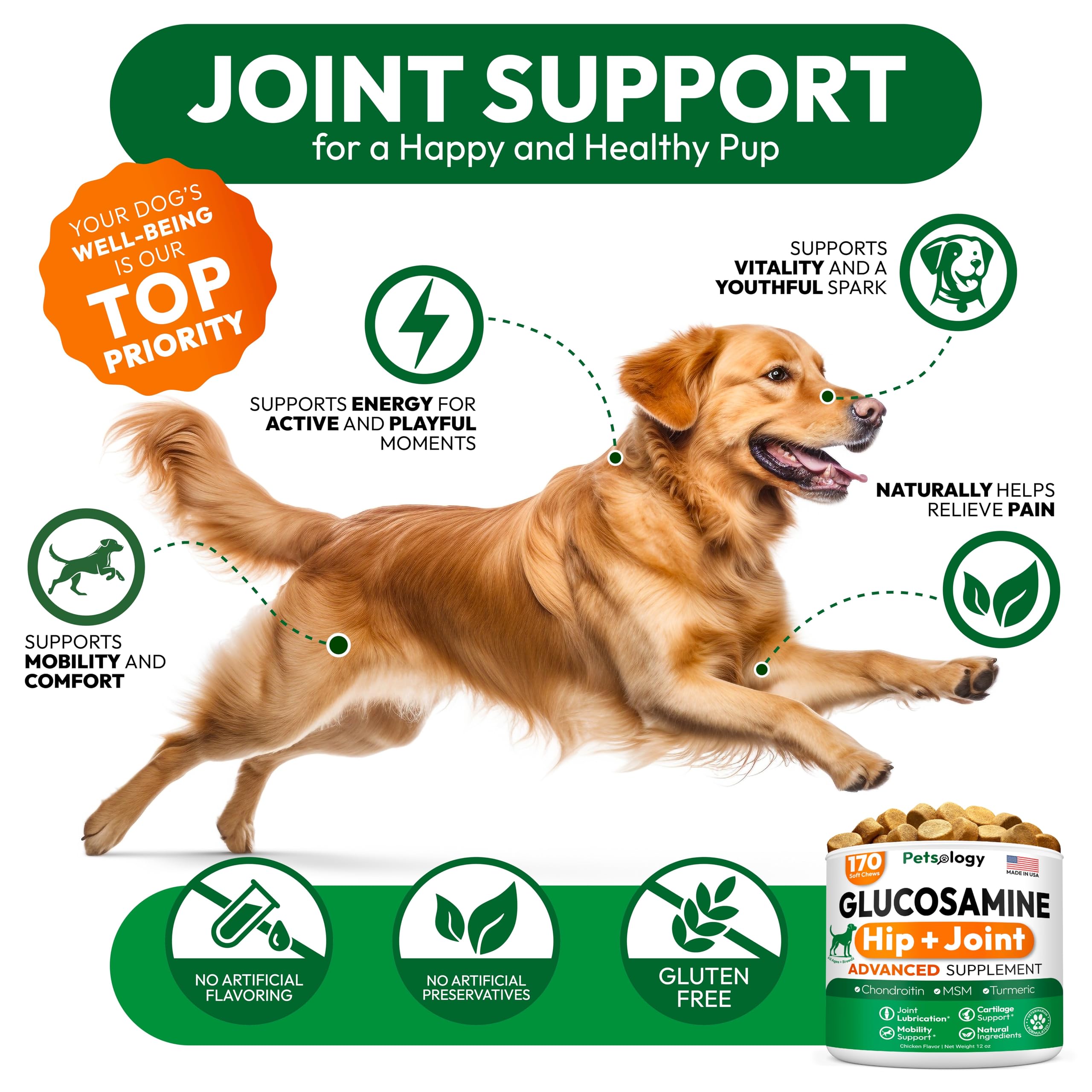 Petsology glucosamina para perros: fórmula veterinaria para salud de las articulaciones.