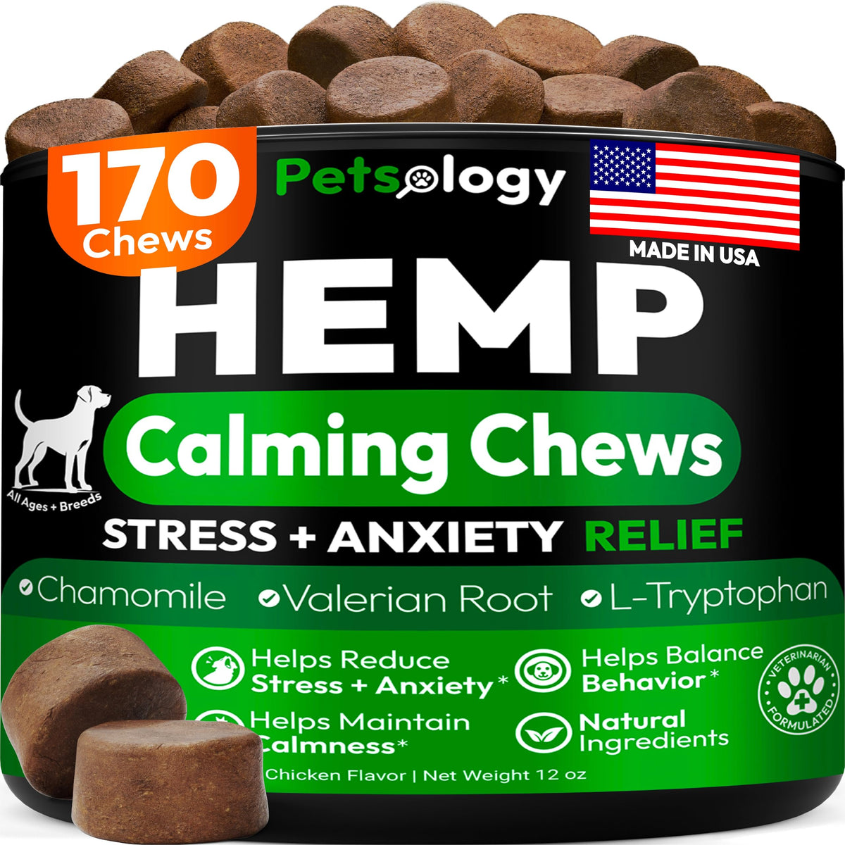 Gomitas calmantes Petsology en empaque práctico para perros.