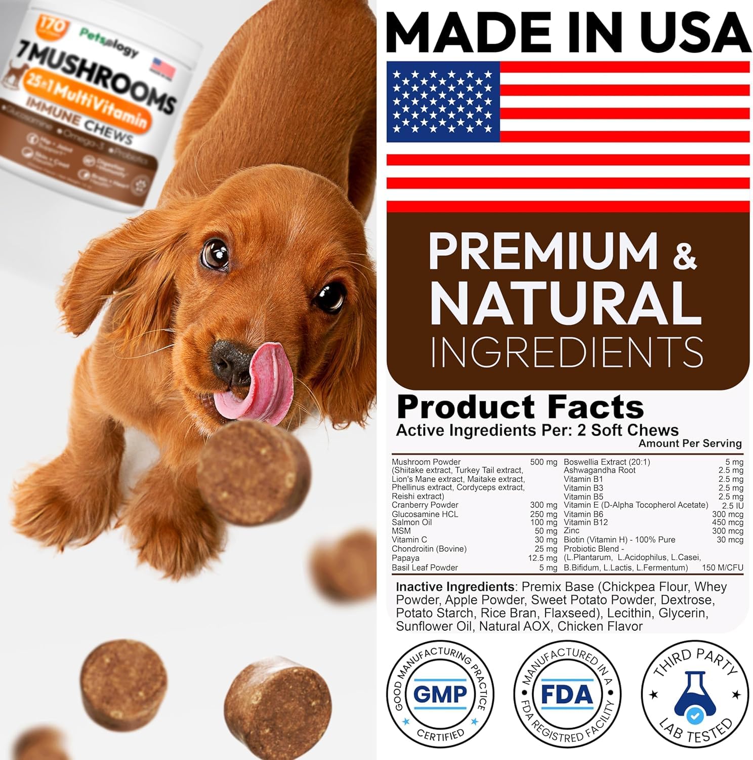 Petsology Hongos Cola de Pavo, información nutricional, muestra la combinación de vitaminas.