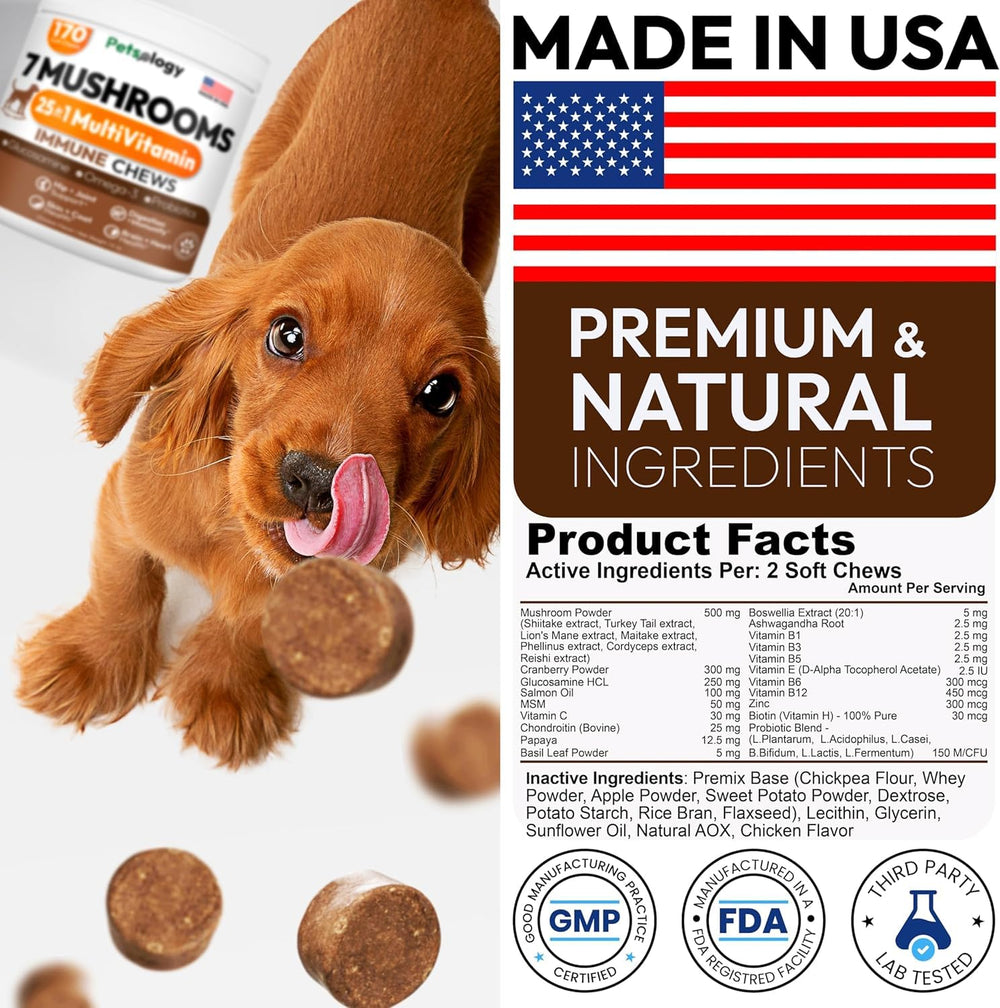 Petsology Hongos Cola de Pavo, información nutricional, muestra la combinación de vitaminas.