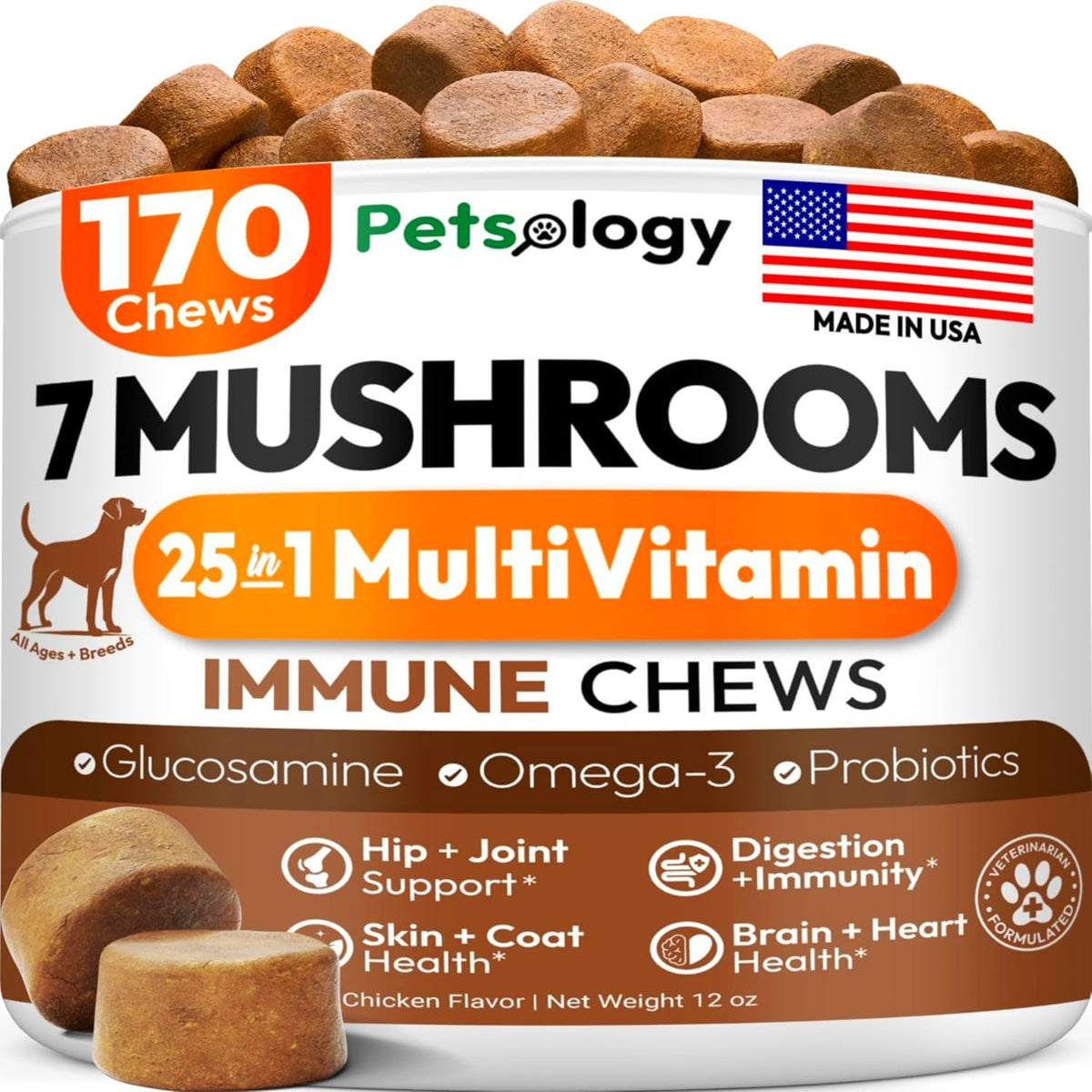 Petsology Hongos Cola de Pavo para perros, frente del envase, apoyo inmunológico.
