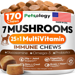 Petsology Hongos Cola de Pavo para perros, frente del envase, apoyo inmunológico.