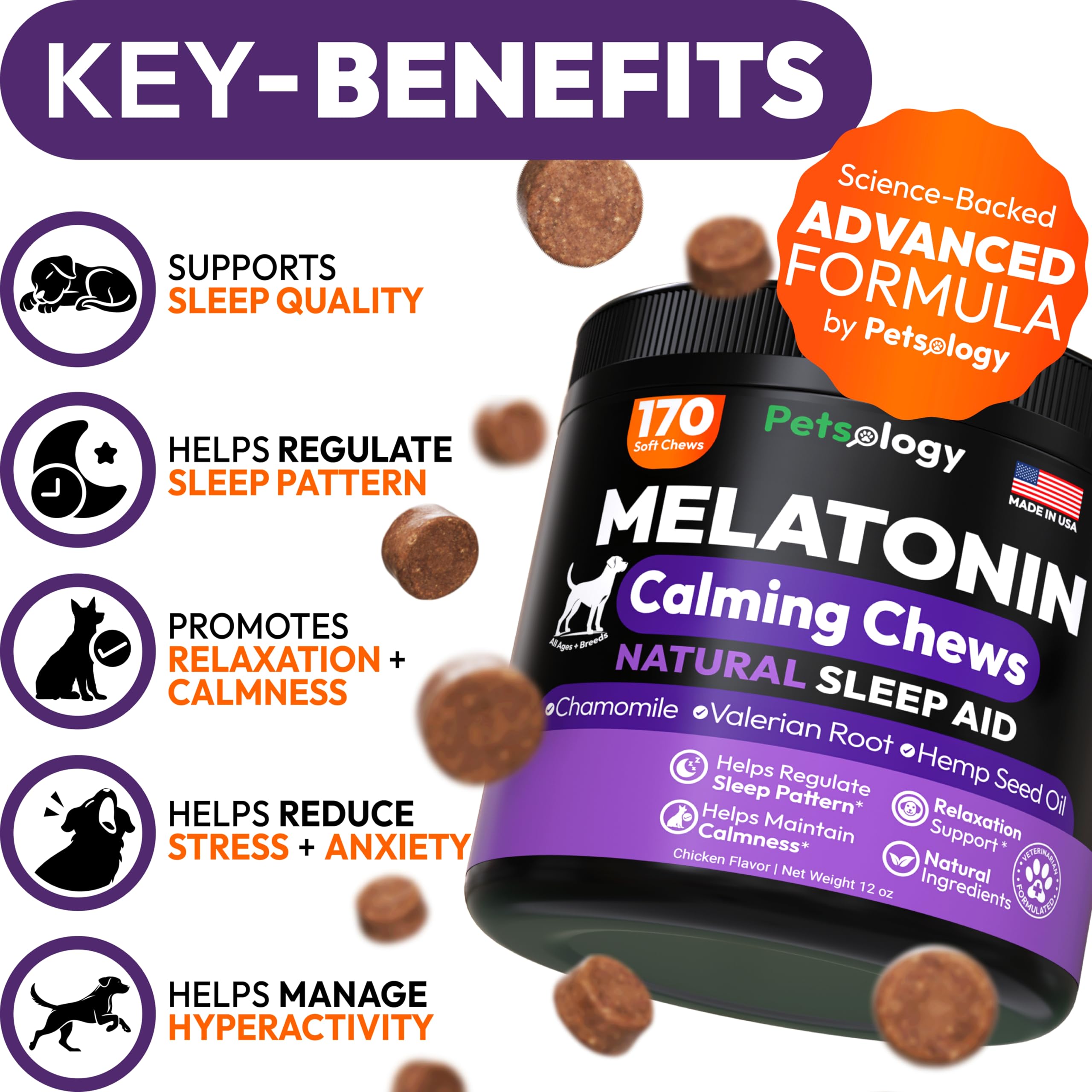 Petsology Melatonina Avanzada para Perros, masticables, calman la ansiedad