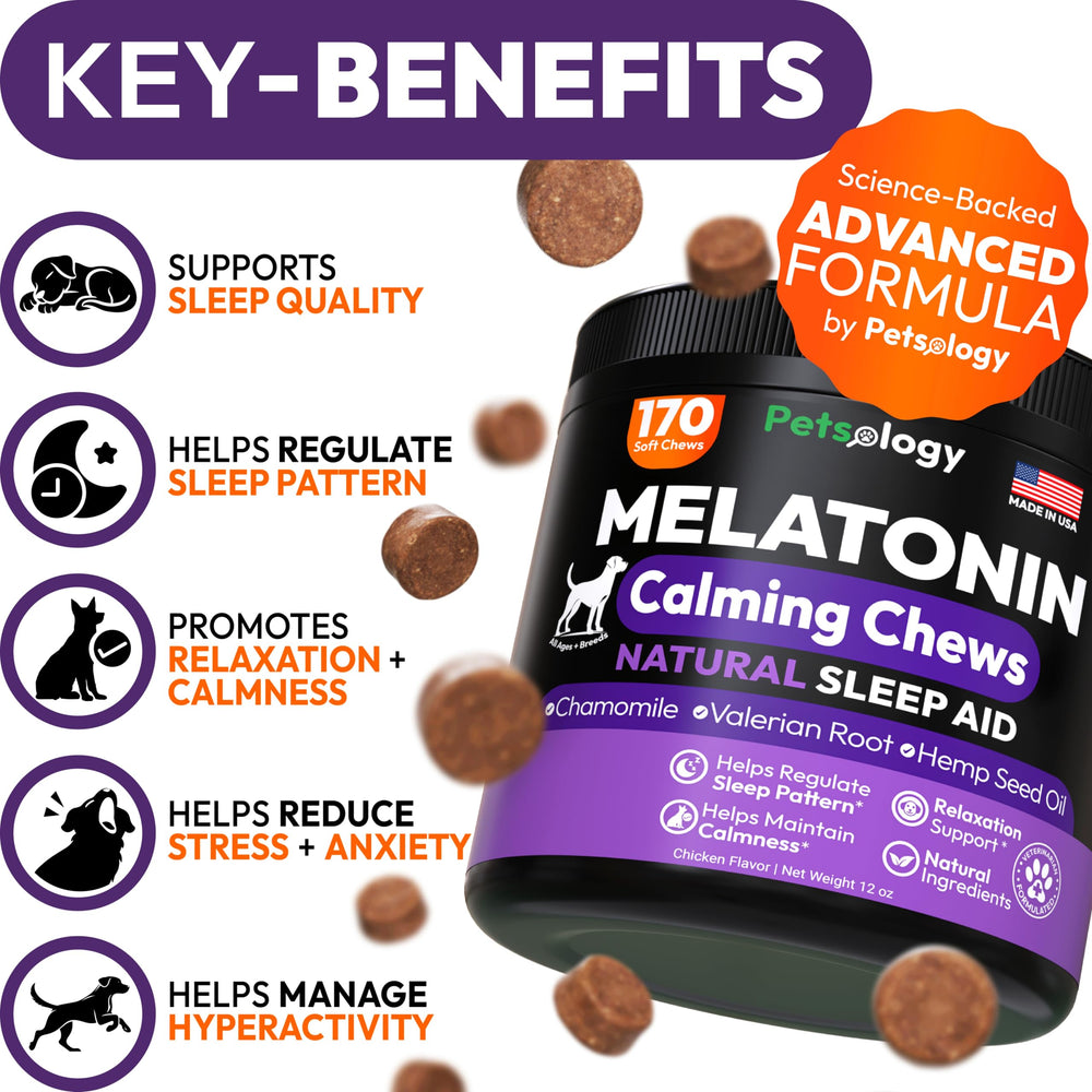 Petsology Melatonina Avanzada para Perros, masticables, calman la ansiedad