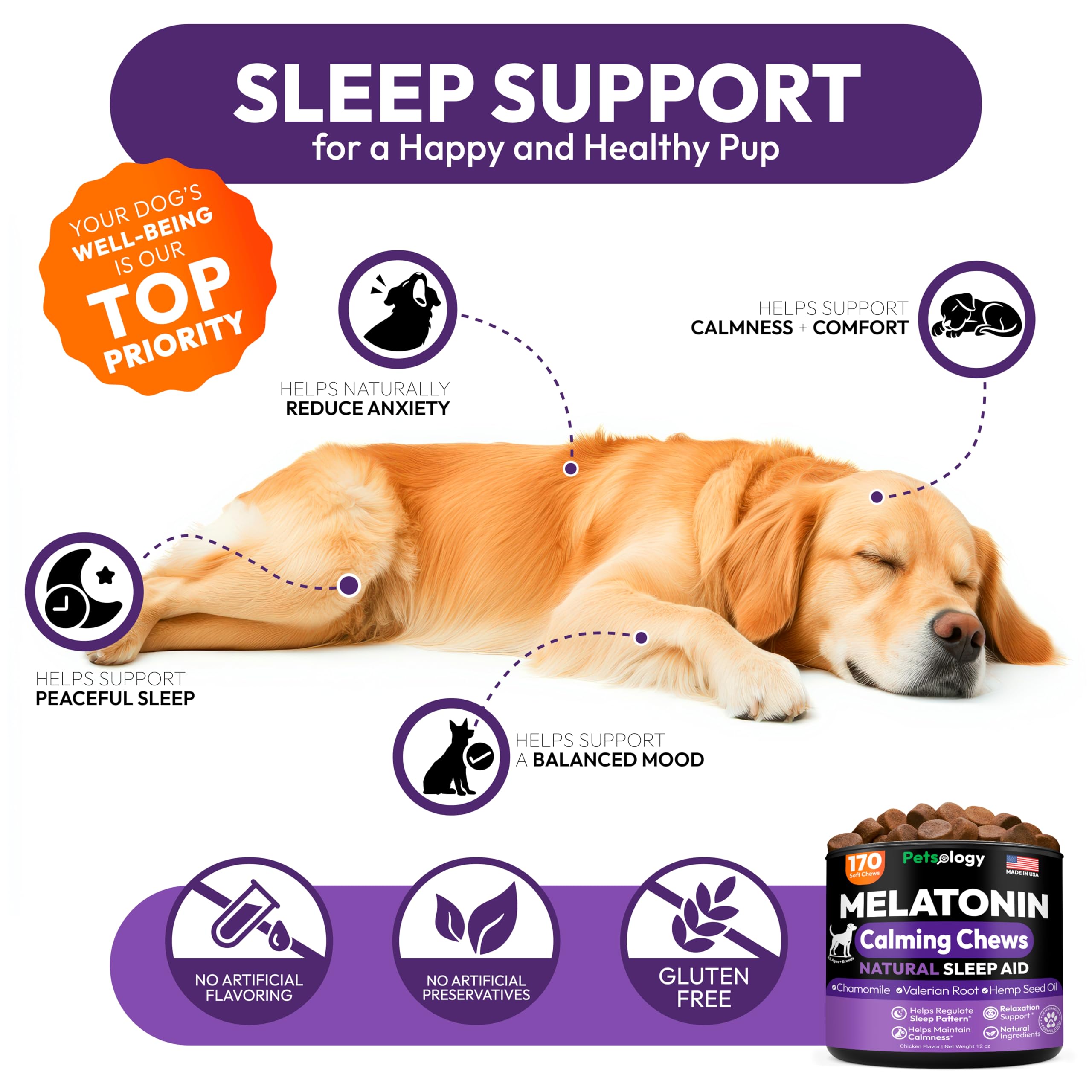 Petsology Melatonina Avanzada para Perros, cachorro durmiendo plácidamente