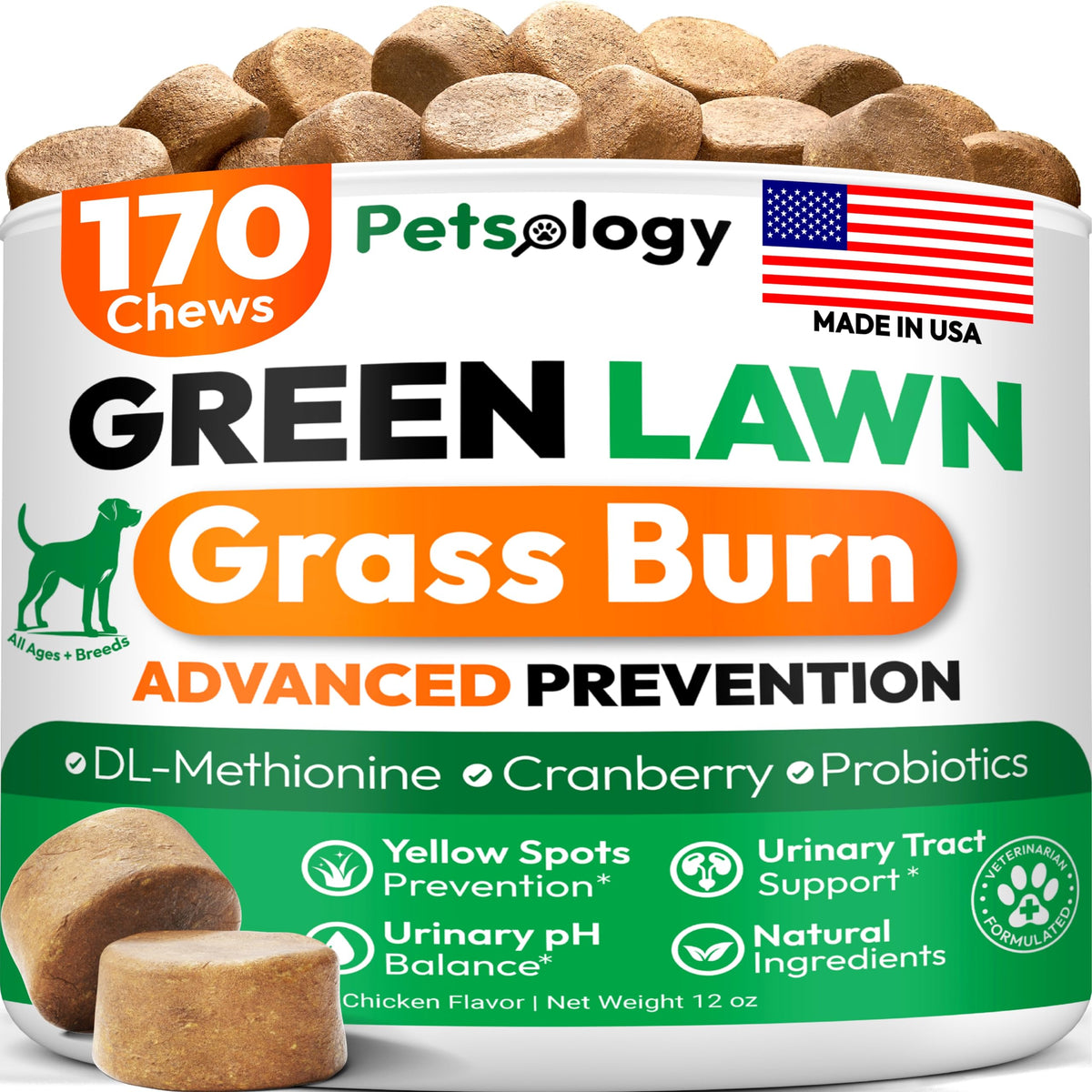 Petsology neutralizador urinario para perros en envase facilita el cuidado del césped.