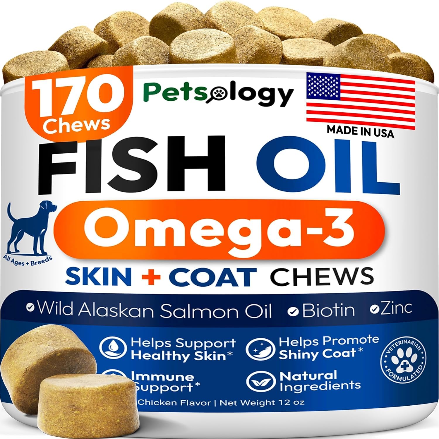 Petsology Omega3 para perros, gomitas, piel sana y pelaje brillante.