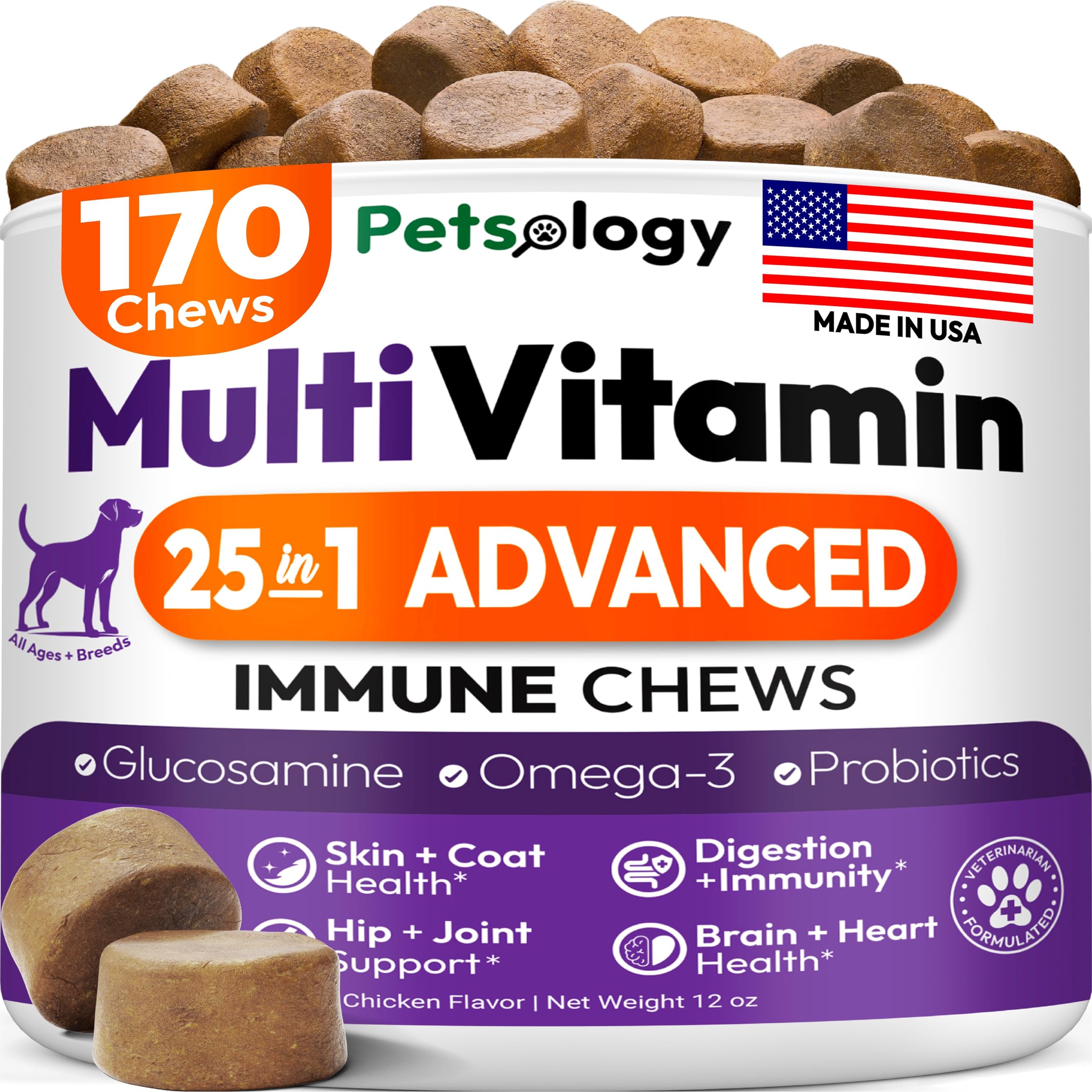 Petsology Dog Multivitamin: botella de comprimidos para perros, fácil de administrar.