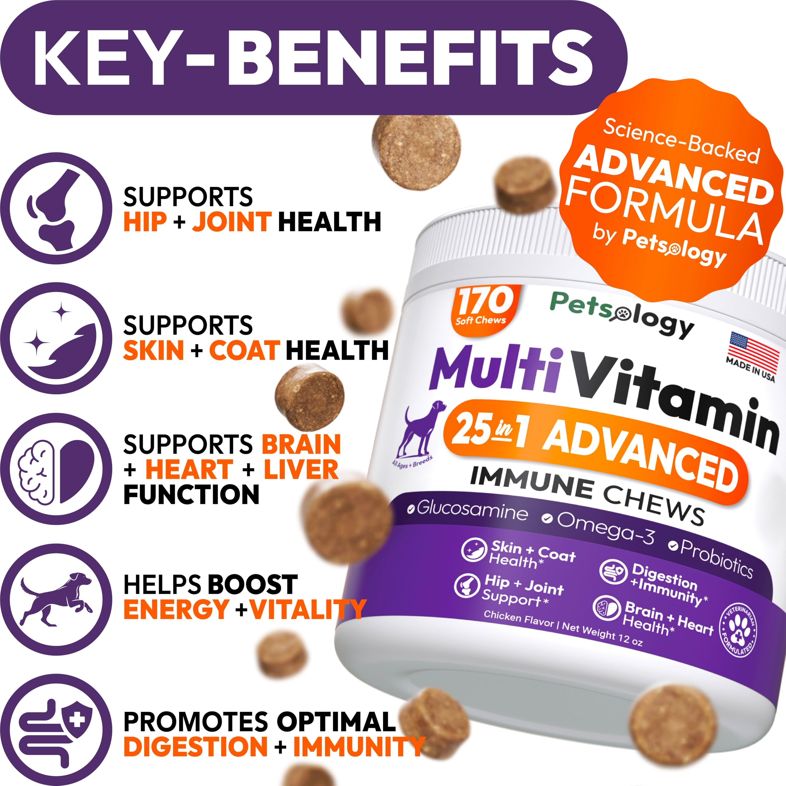 Petsology Dog Multivitamin: comprimidos de 170 piezas para apoyo diario y vitalidad.