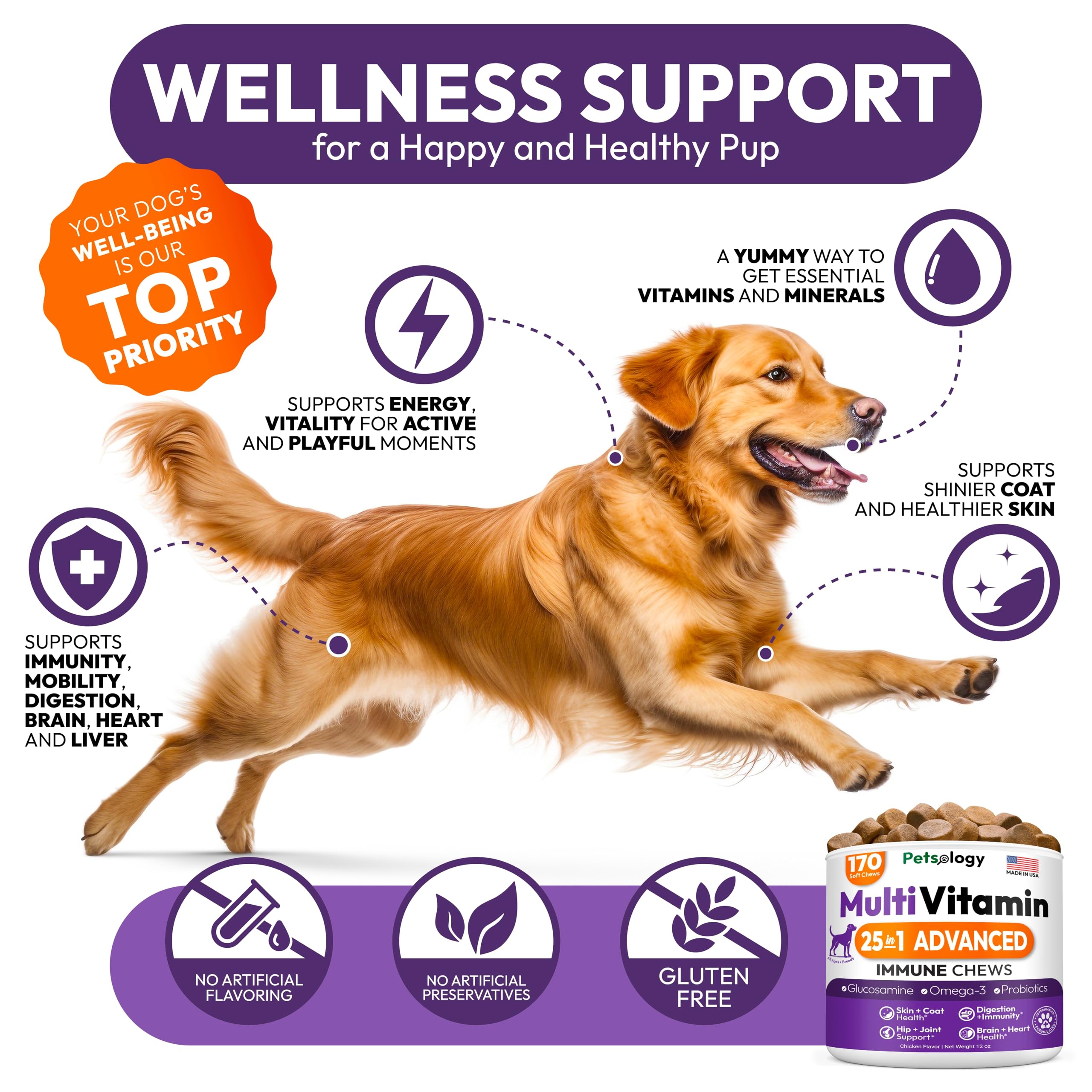 Petsology Dog Multivitamin: probióticos y antioxidantes para salud intestinal.
