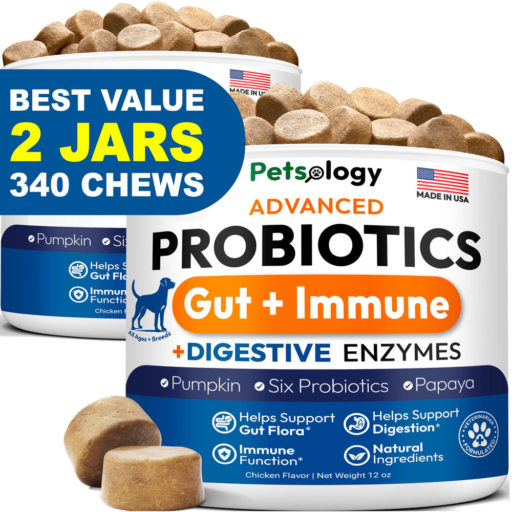 Petsology probióticos para perros, botella de gomitas, apoyo digestivo diario.