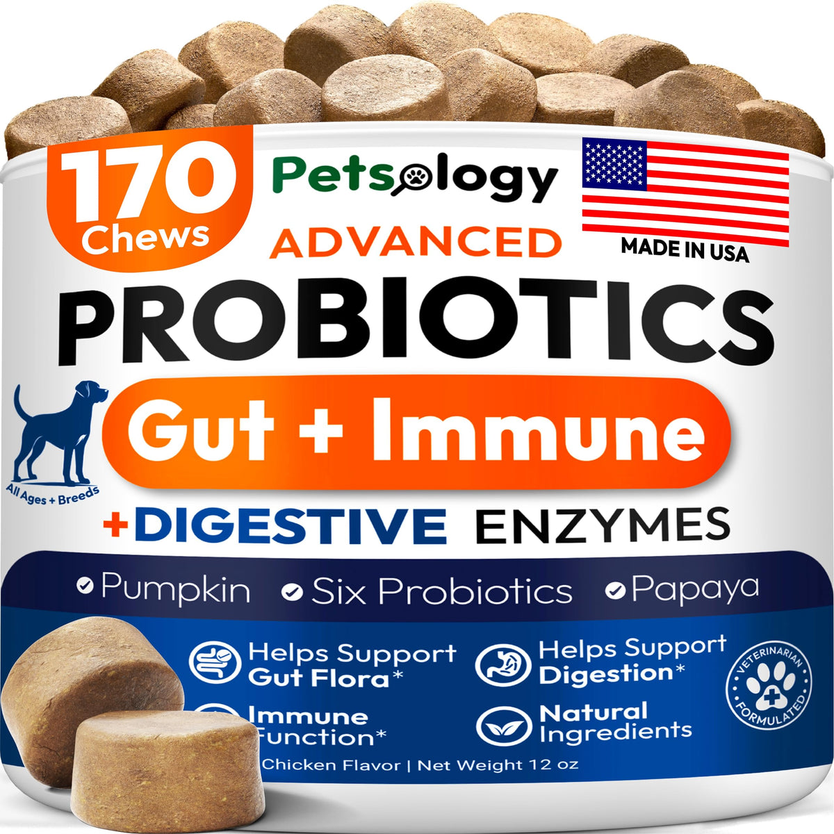 Petsology probióticos para perros, botella, soporte digestivo general.