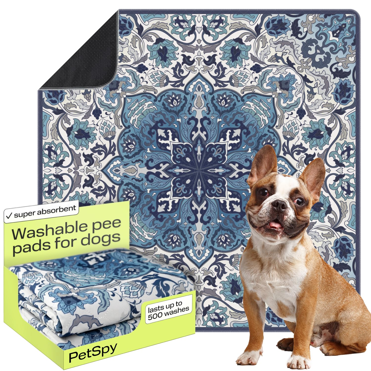 PetSpy alfombrilla lavable para perros con diseño ornamental; protege el suelo.