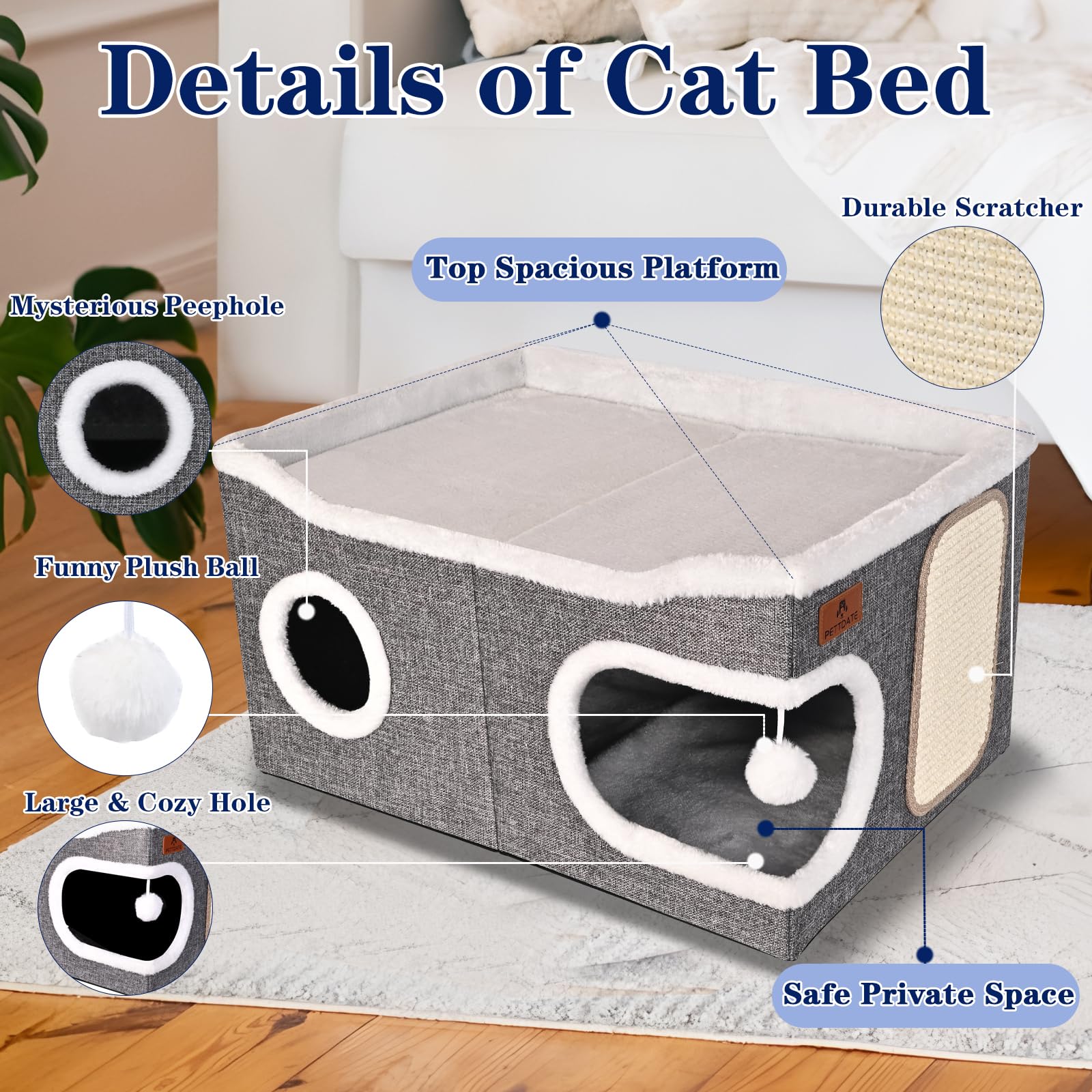 PETTDATE cama gato base antideslizante, descanso seguro.