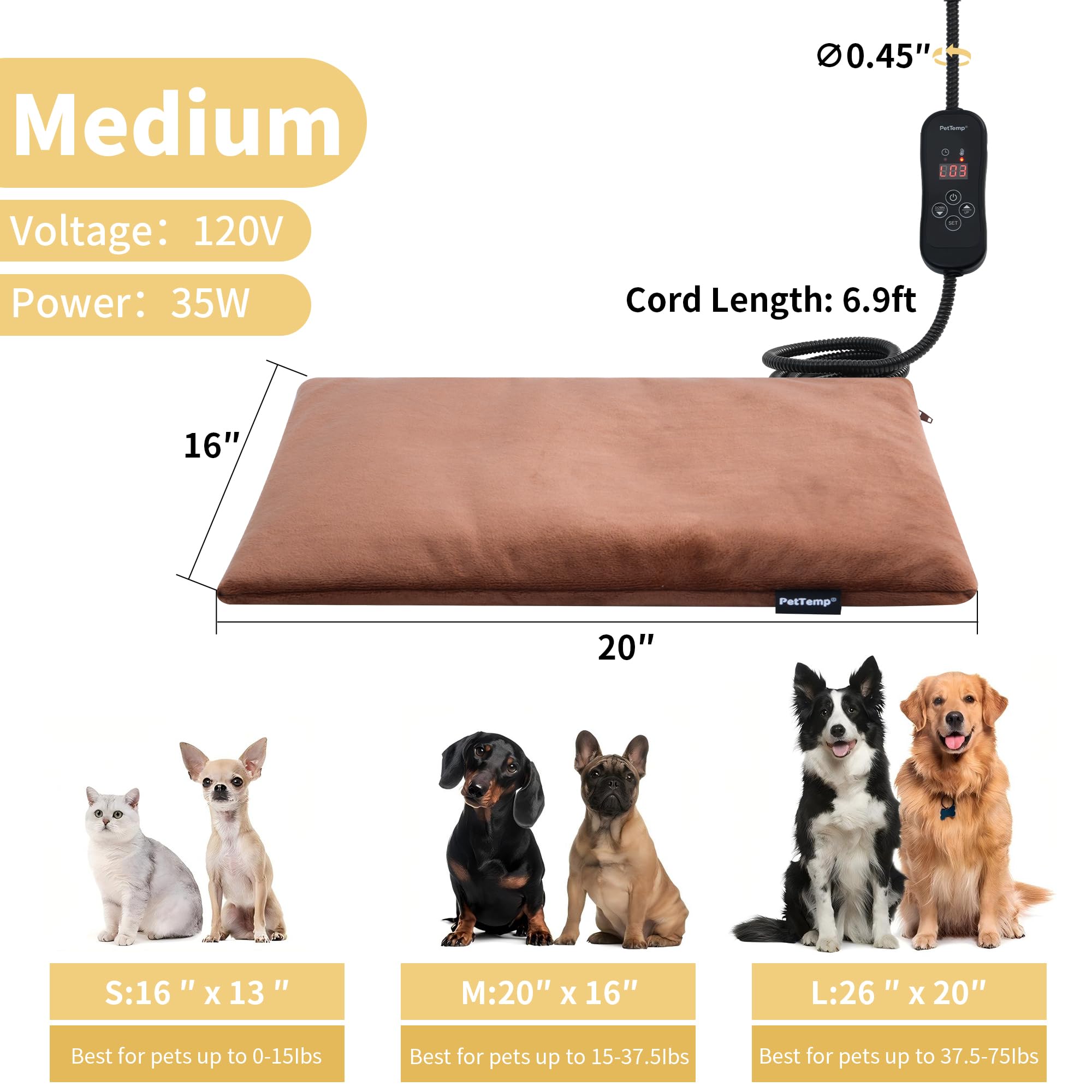 PetTemp tamaño mediano 20x16 pulgadas, ajuste ideal para gatos y perros pequeños.