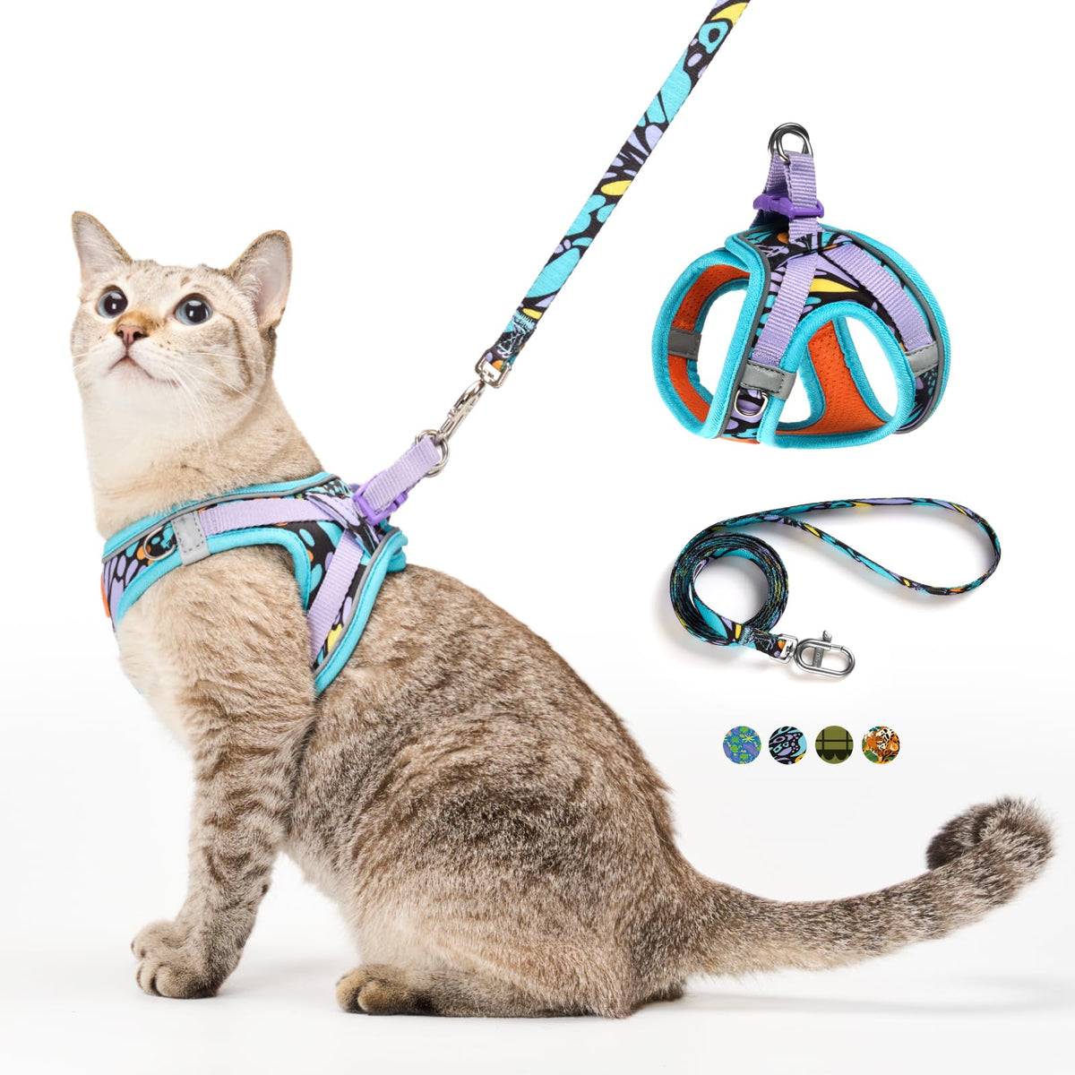 PetThem arnés para gatos anti-escape, vista completa en color azul y estilo cómodo.