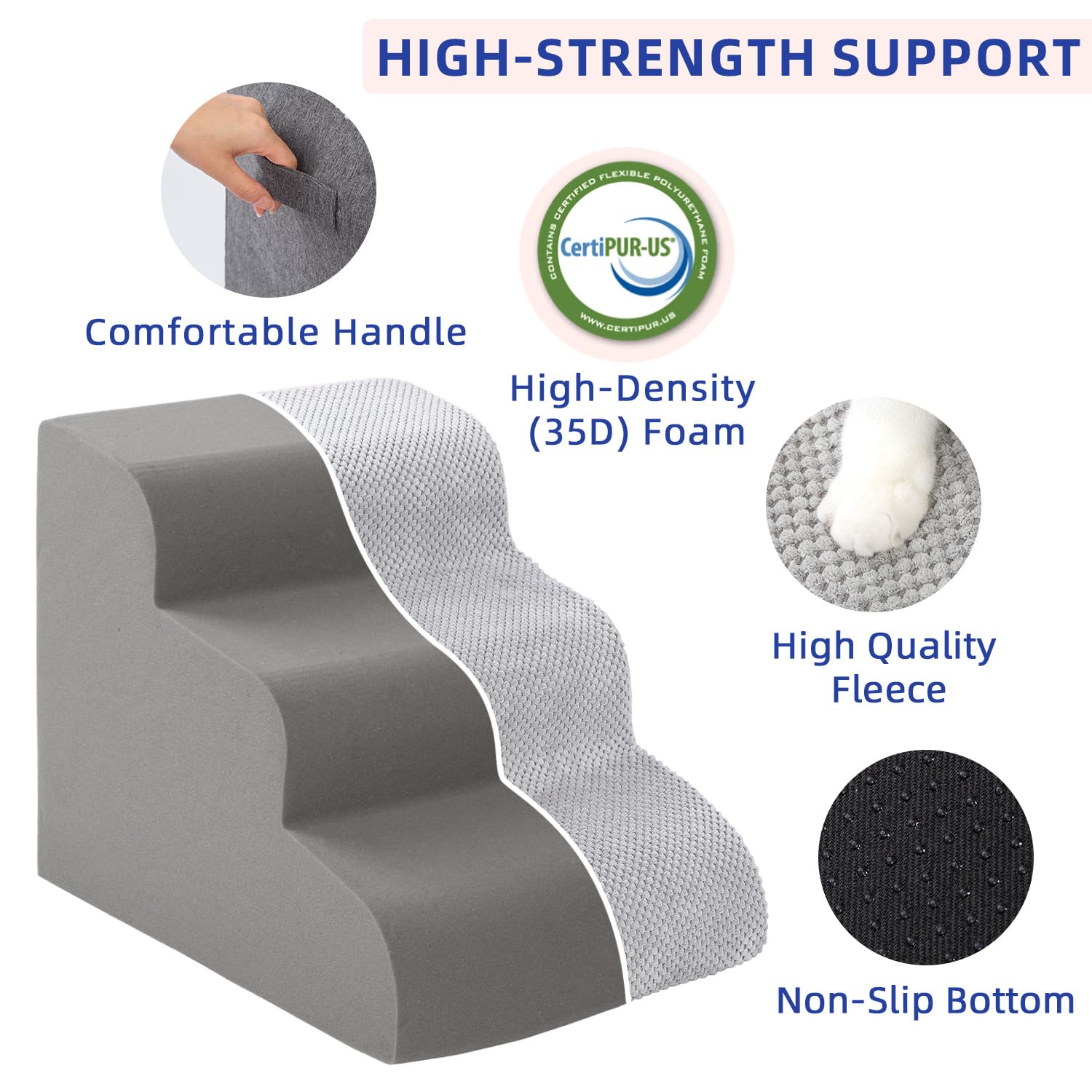 Pettycare escalera desmontable 2 niveles, muestra configuración para diferentes alturas.