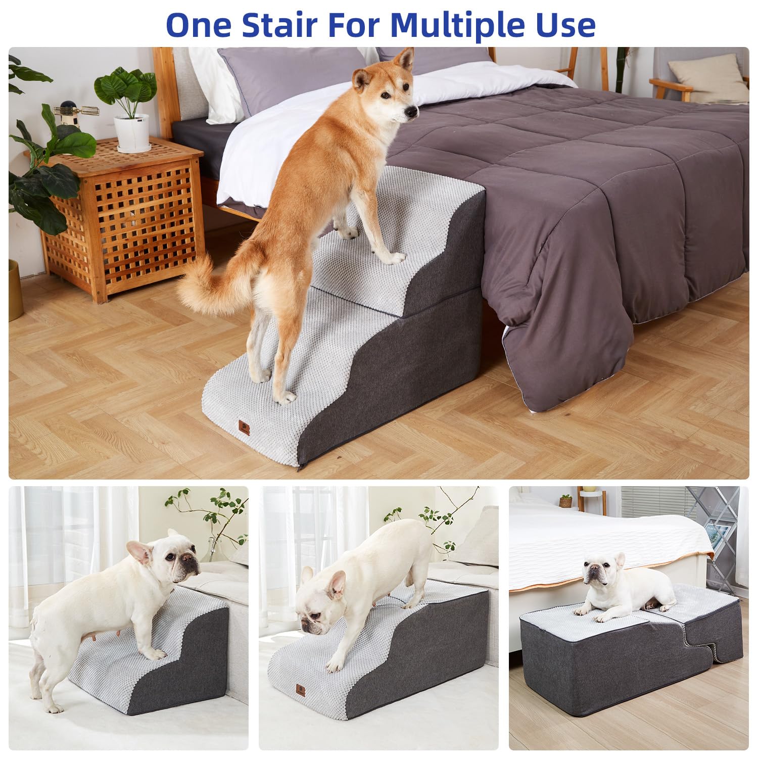 Pettycare escalera desmontable 3 niveles, configuración versátil para mascotas pequeñas.