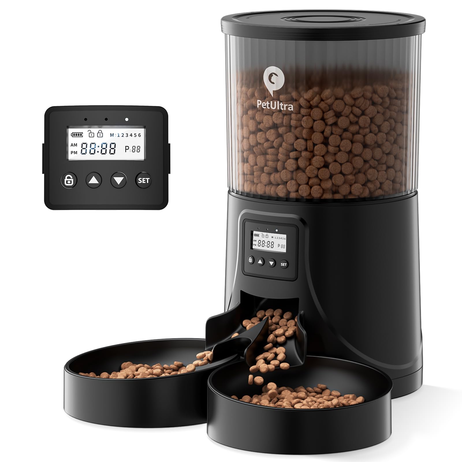 PETULTRA alimentador automático para 2 gatos, vista frontal, dos cuencos para comer al mismo tiempo, reduciendo disputas