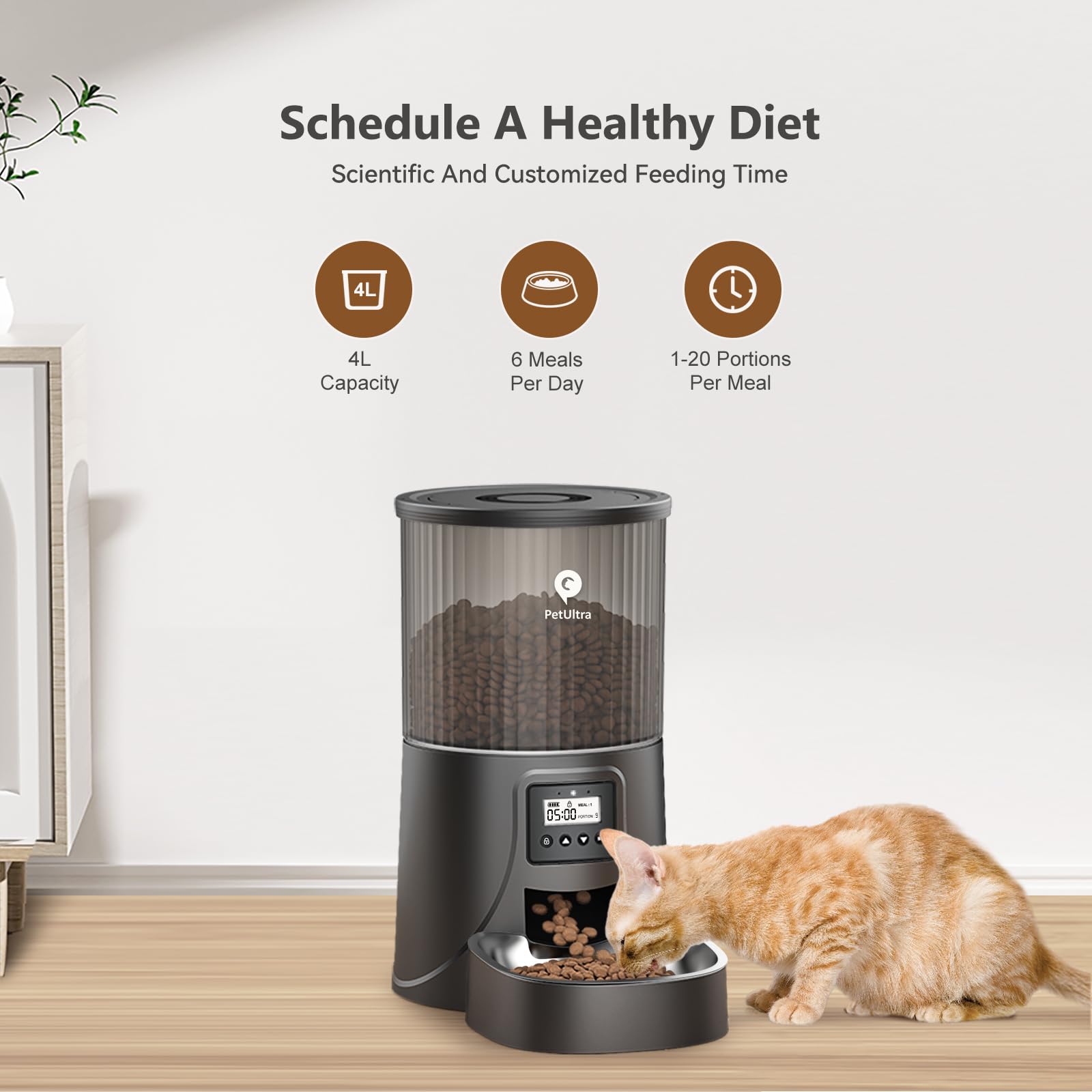 PETULTRA alimentador automático, capacidad 4L, mantiene raciones frescas para tu mascota.