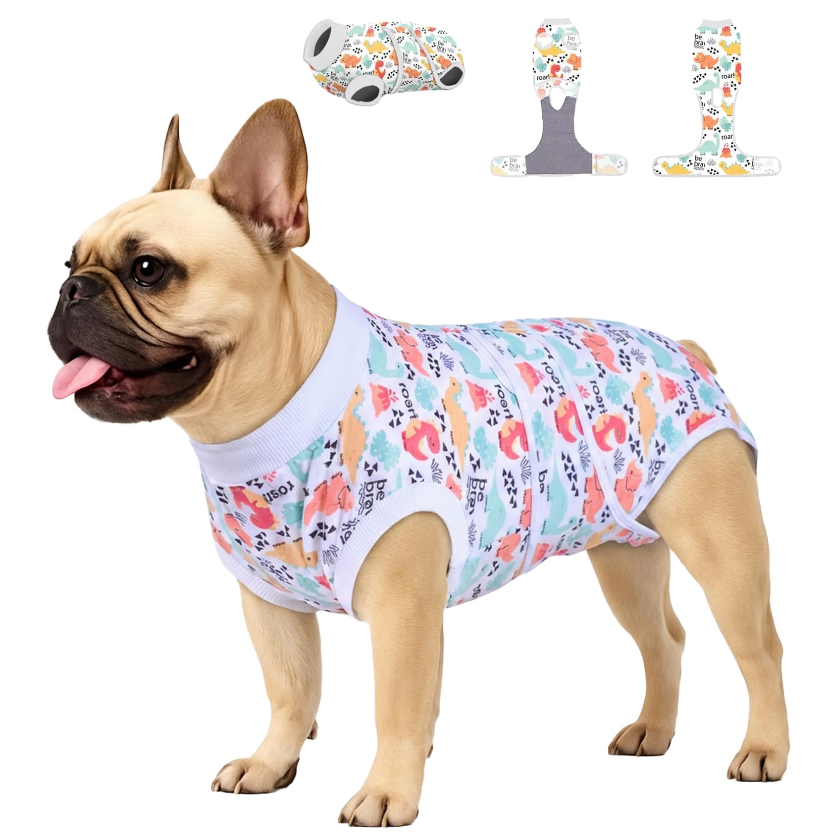 PetWarm mono de recuperación para perro con patrón dinosaurio blanco, ideal para recuperación sin estrés.