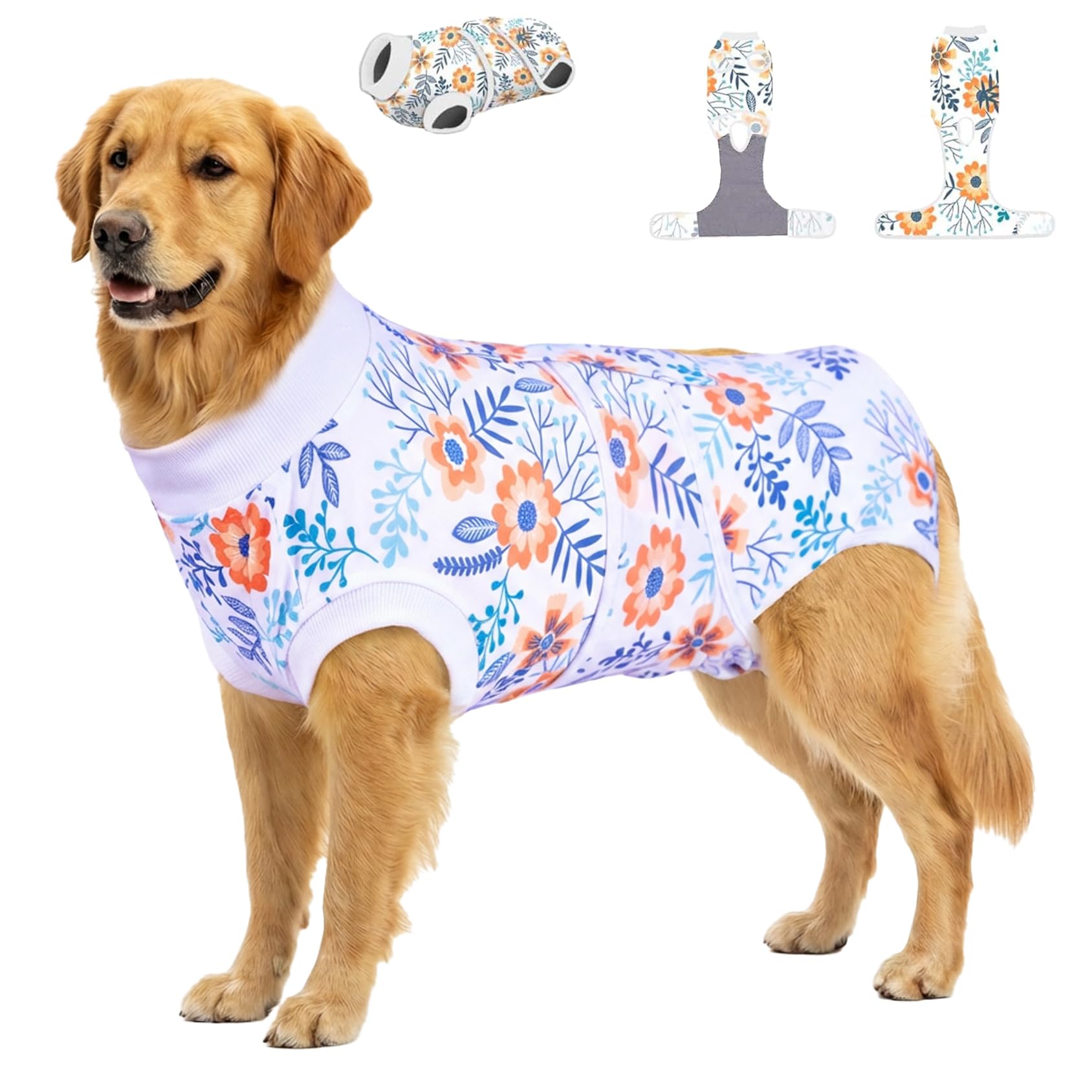 PetWarm Onesie posquirúrgico para perros con flor naranja en la frente, protege la herida.