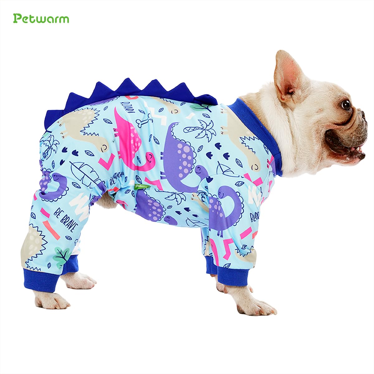 PetWarm pijama para perro dinosaurio azul, cierre fácil para vestir sin esfuerzo.