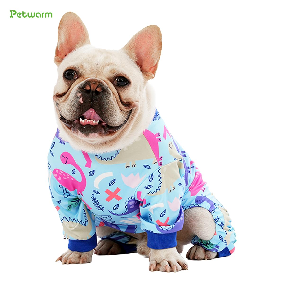 PetWarm pijama para perro dinosaurio azul, impresión de dinosaurio, ideal para sesiones de fotos divertidas.