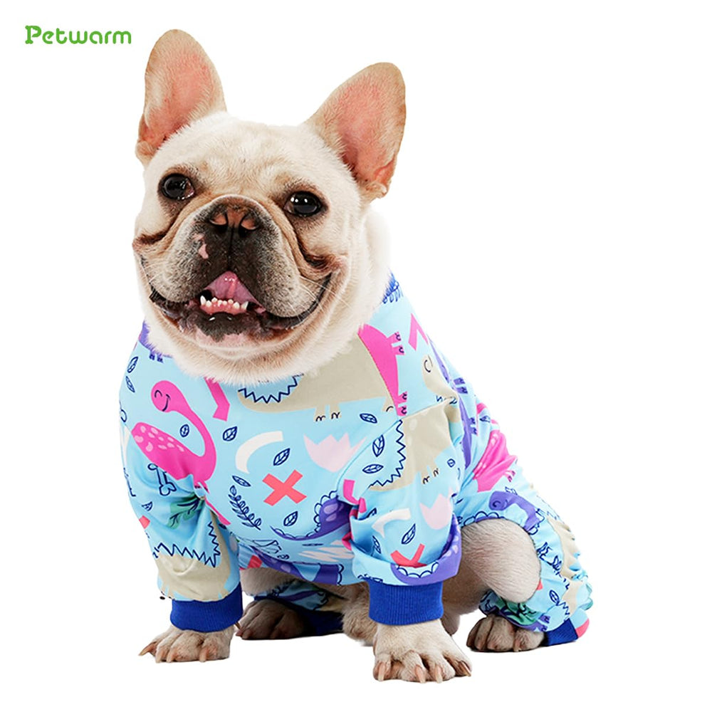 PetWarm pijama para perro dinosaurio azul, impresión de dinosaurio, ideal para sesiones de fotos divertidas.