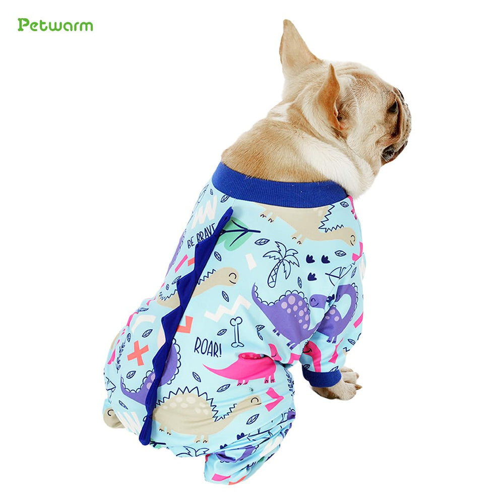 PetWarm pijama para perro dinosaurio azul, uso cómodo en viajes cortos.