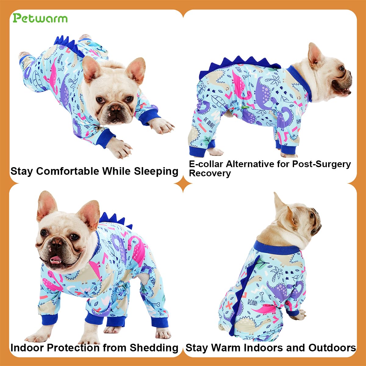 PetWarm pijama para perro dinosaurio azul, detalle de tejido suave para confort.