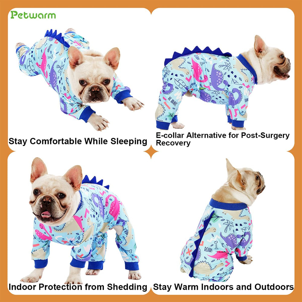 PetWarm pijama para perro dinosaurio azul, detalle de tejido suave para confort.