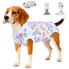 PetWarm prenda recuperación para perro con diseño floral naranja que protege la zona abdominal