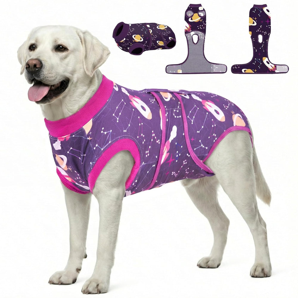 Traje PetWarm con patrón cosmico para perro, mantiene cómodo durante la recuperación