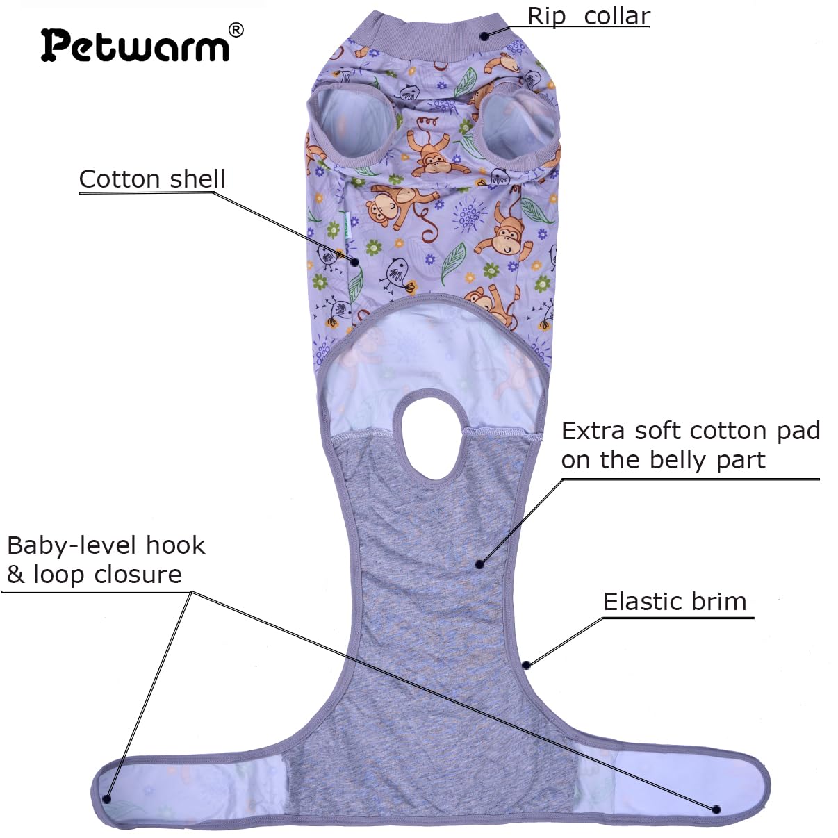 PetWarm Recovery Suit para perros, patrón mono, protege la herida y reduce lamidos.