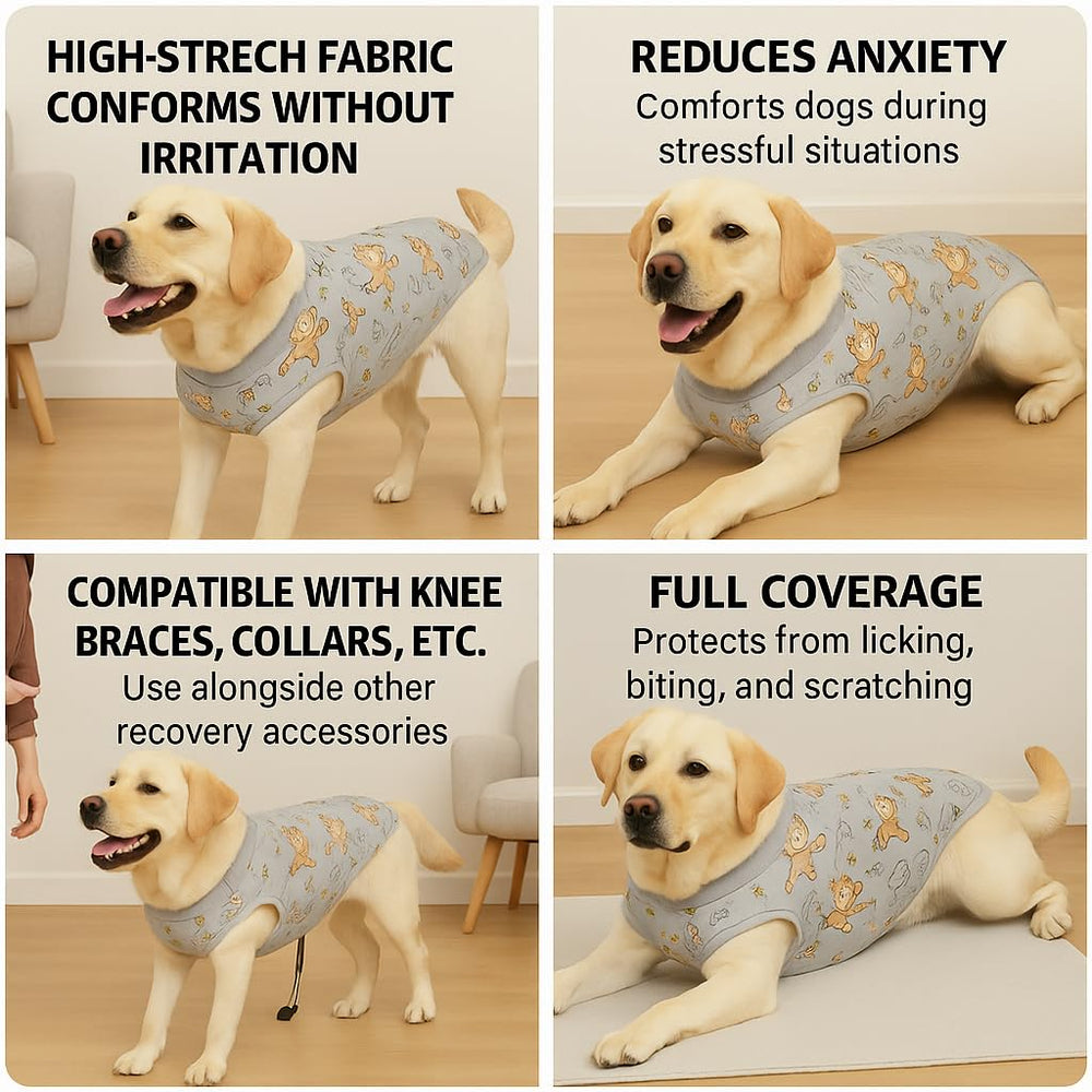 PetWarm Recovery Suit ofrece confort durante el descanso y la movilidad postoperatoria.