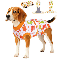 PetWarm traje recuperación perro dinosaurio amarillo talla S, cómodo y seguro para la herida.