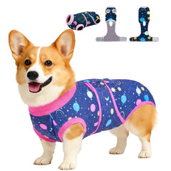 PetWarm traje recuperación para perros: frontal, galaxia rosa, comodidad diaria.