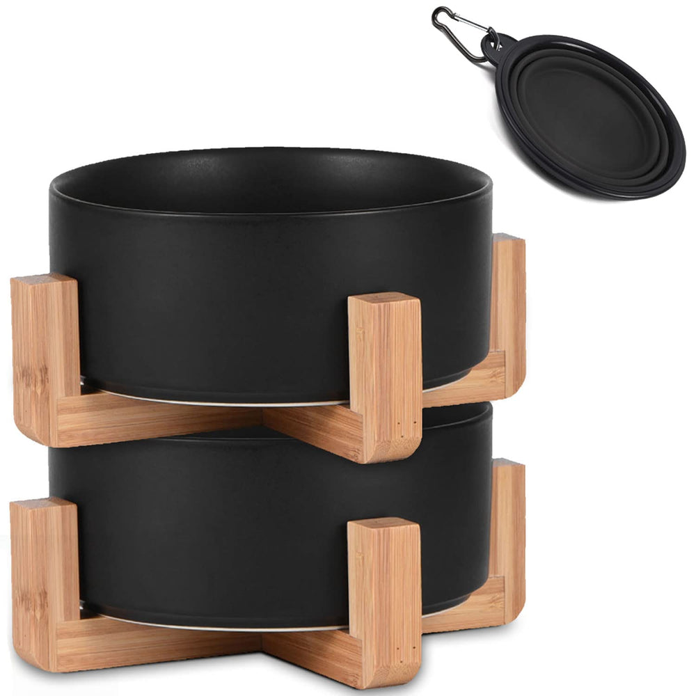Petygooing tazones cerámicos para perros con soporte de madera, estables y fáciles de limpiar.