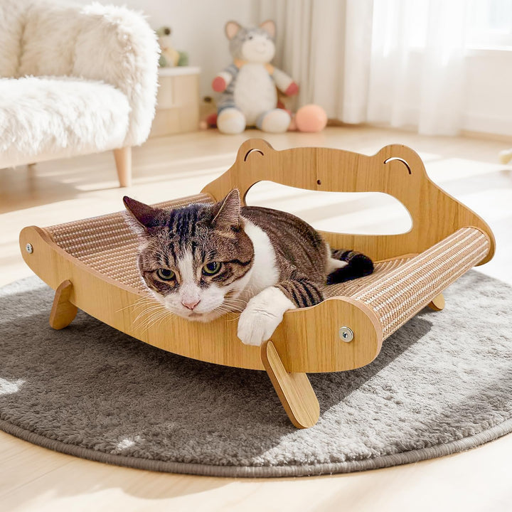 PetZen Garden base de madera curvada, diseño ergonómico para descansar y observar al gato.