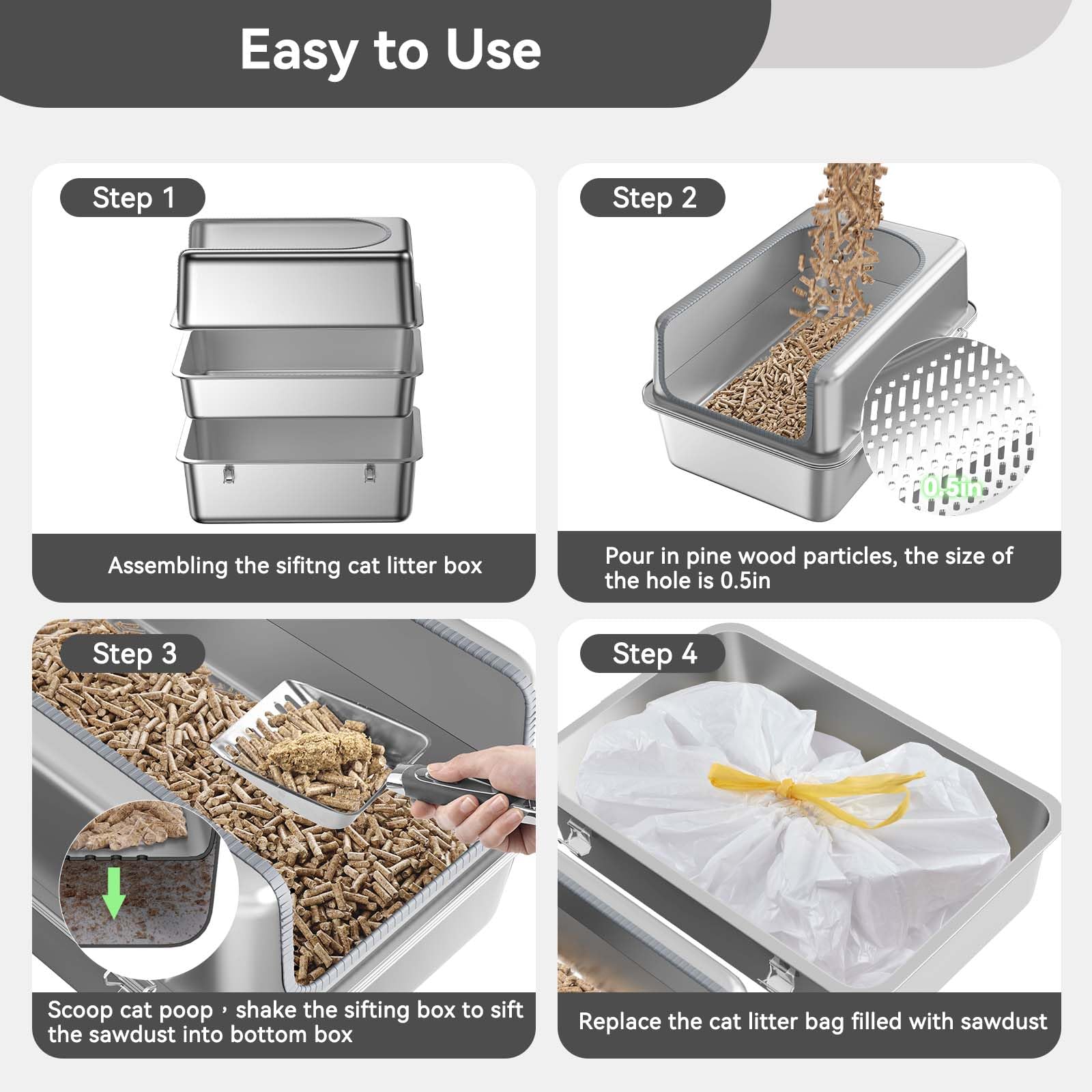 Phafariy uso-para-gatos-grandes, pellets de pino y control de polvo