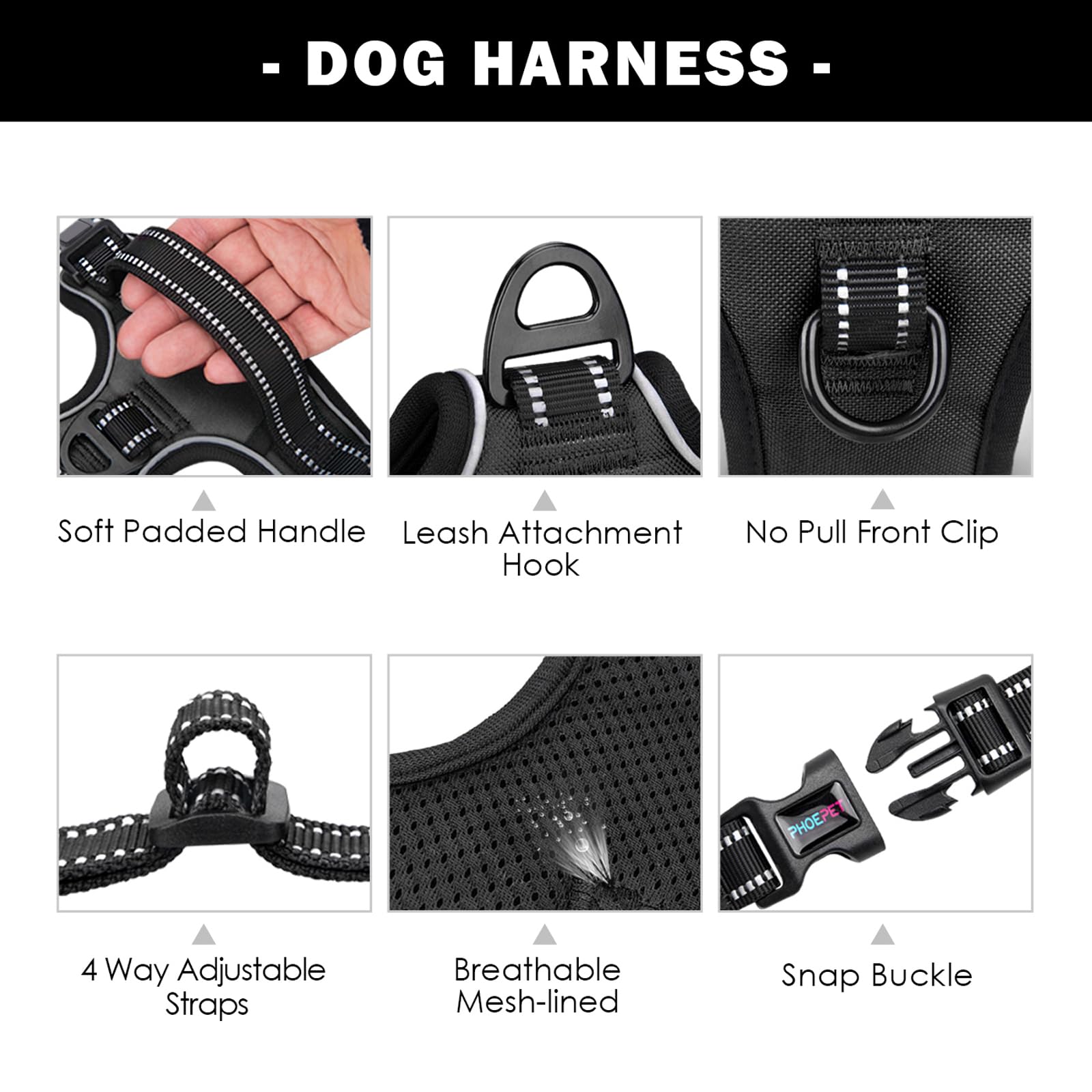 PHOEPET arnés con tres cierres, uso fácil.